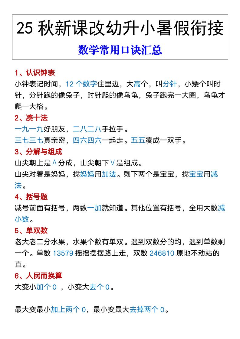 【2025秋新版】幼升小暑假衔接数学常用口诀汇总-一上数学-独家科技资源网