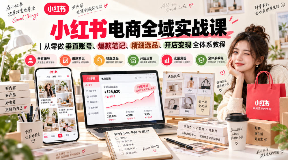 小红书电商全域实战课｜从零做垂直账号、爆款笔记、精细选品、开店变现全体系教程-独家科技资源网