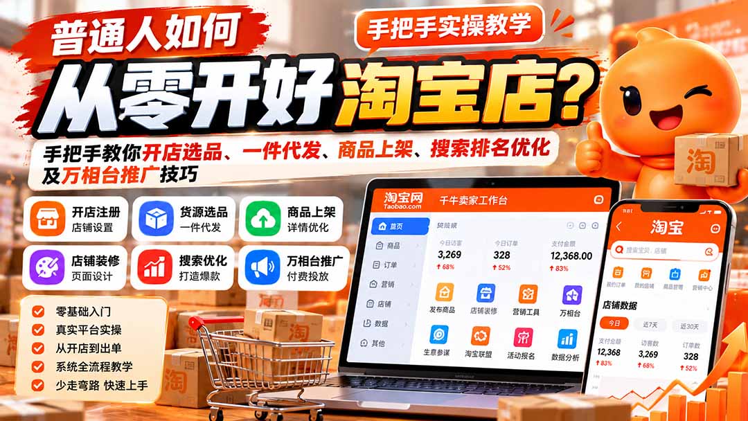 普通人如何从零开好淘宝店？手把手教你开店选品、一件代发、商品上架、搜索排名优化及万相台推广技巧-独家科技资源网