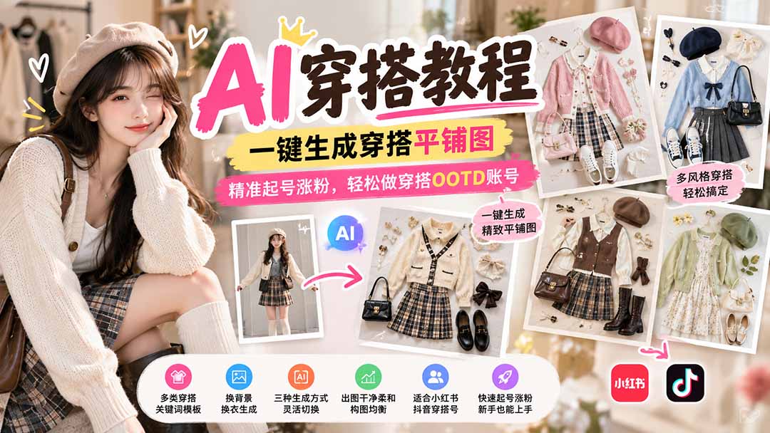 【无水印】AI穿搭教程｜一键生成穿搭平铺图，精准起号涨粉，轻松做穿搭OOTD账号-独家科技资源网