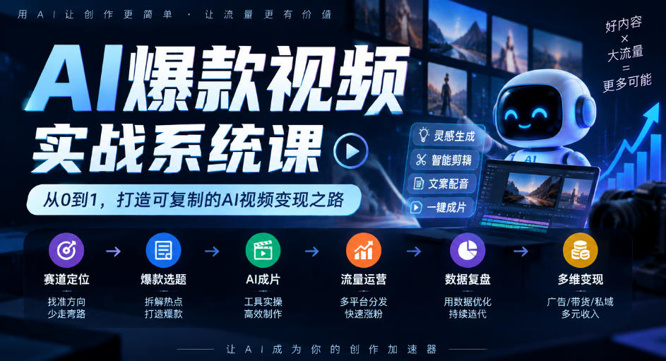 AI爆款视频实战系统课|赛道定位、爆款选题、AI成片、流量运营、数据复盘、多维变现全链路教学-独家科技资源网