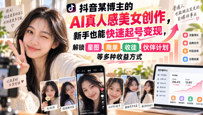 抖音某博主的AI真人感美女创作,新手也能快速起号变现,解锁星图,商单,收徒,伙伴计划等多种收益方式-独家科技资源网