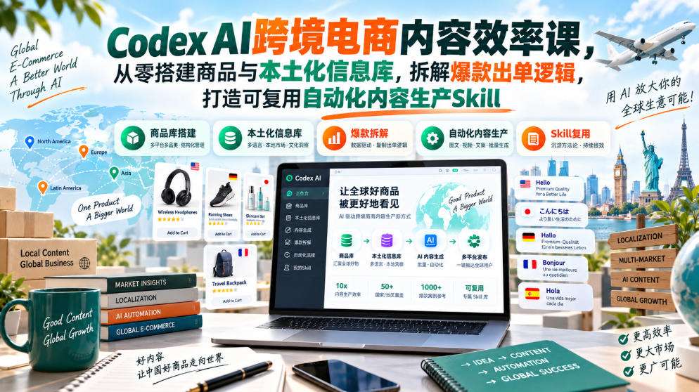 Codex AI跨境电商内容效率课,从零搭建商品与本土化信息库,拆解爆款出单逻辑,打造可复用自动化内容生产Skill-独家科技资源网