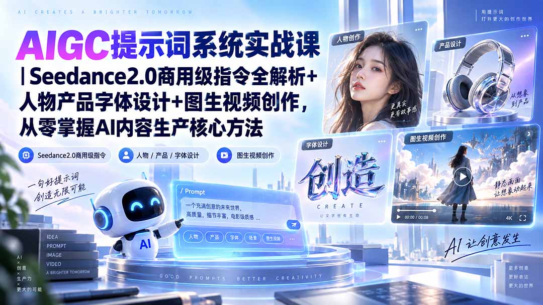 AIGC提示词系统实战课-无水印|Seedance2.0商用级指令全解析+人物产品字体设计+图生视频创作,掌握AI内容生产方法-独家科技资源网