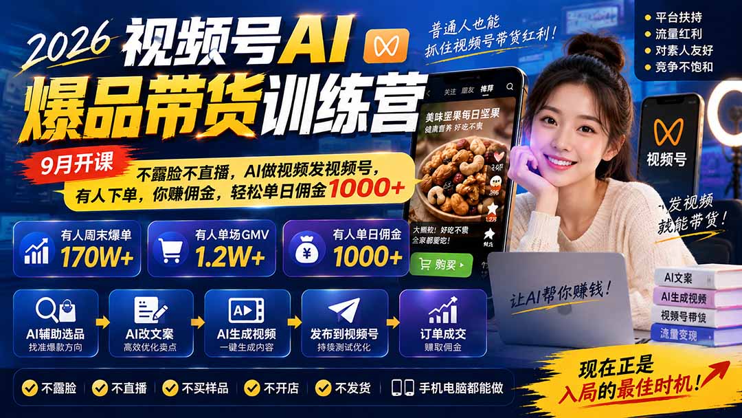 图片[1]-2026视频号AI爆品带货训练营-9月开课｜不露脸不直播，AI做视频发视频号，有人下单，你赚佣金，轻松单日佣金1000+-独家科技资源网