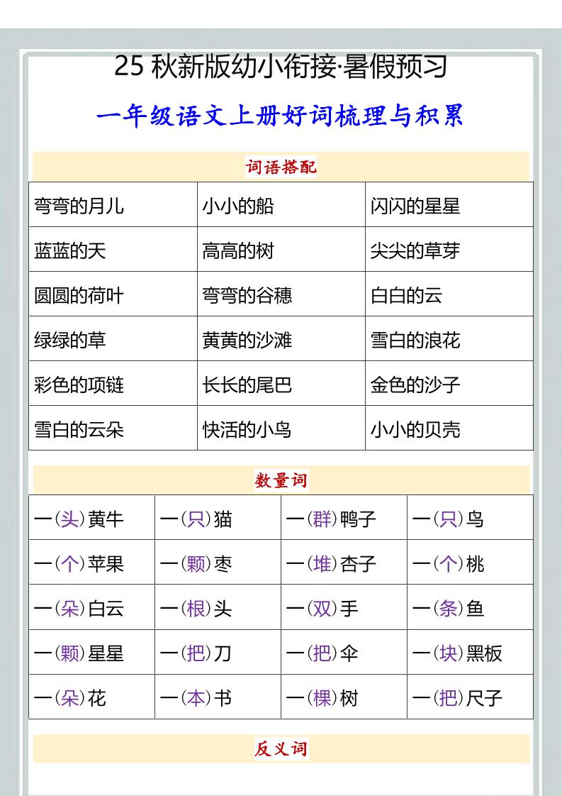 【2025秋新版】幼小衔接一年级语文上册好词梳理与积累-独家科技资源网