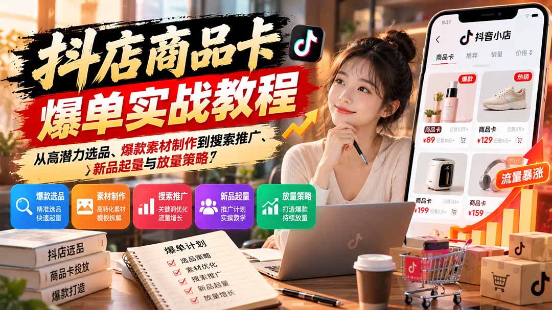 抖店商品卡爆单实战教程:从高潜力选品、爆款素材制作到搜索推广、新品起量与放量策略-独家科技资源网