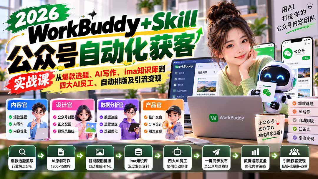 WorkBuddy + Skill公众号自动化获客实战课：从爆款选题、AI写作、ima知识库到四大AI员工、自动排版及引流变现-独家科技资源网