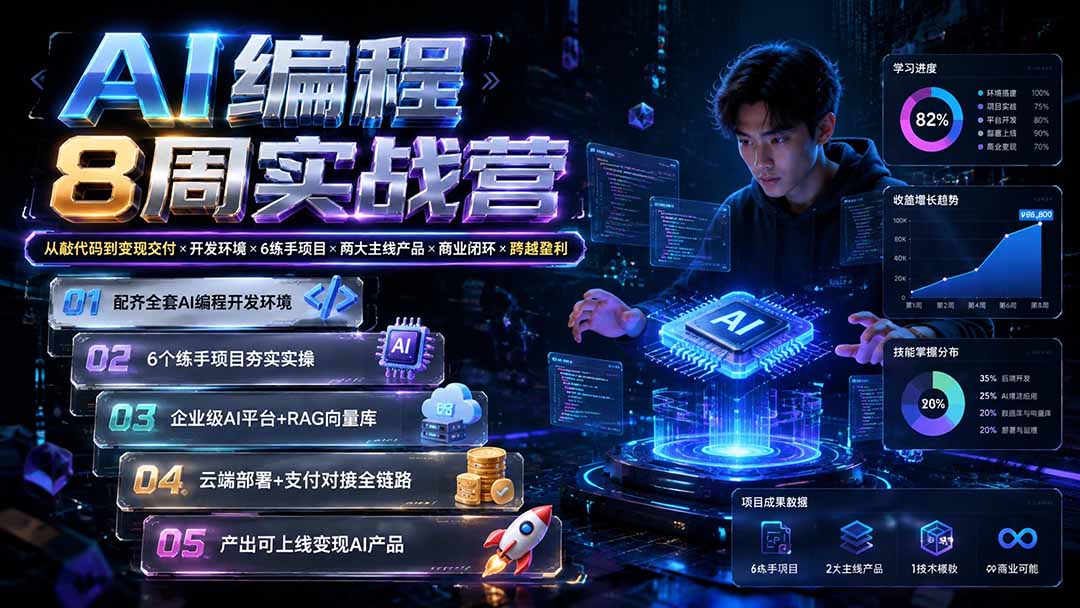 AI编程8周实战营：从敲代码到变现交付×开发环境×6练手项目×两大主线产品×商业闭环×跨越盈利-独家科技资源网