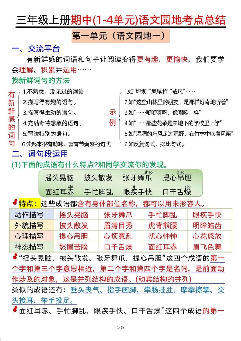 三年级上册期中(1-4单元)语文园地考点总结纯图版-独家科技资源网
