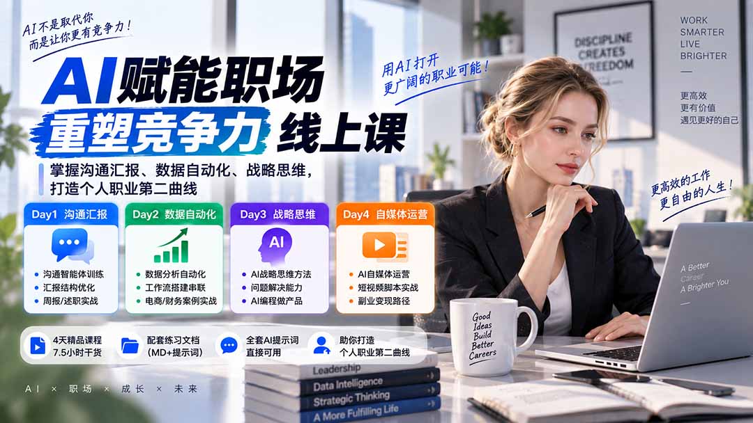 AI职场提效与第二曲线实战课-无水印：学习沟通汇报、数据工作流和战略思维，掌握AI编程做产品及自媒体运营方法-独家科技资源网