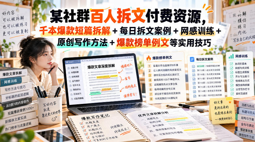 (无水印)某社群百人拆文付费资源，千本爆款短篇拆解+每日拆文案例+网感训练+原创写作方法+爆款榜单例文等实用技巧(更新1009)-独家科技资源网