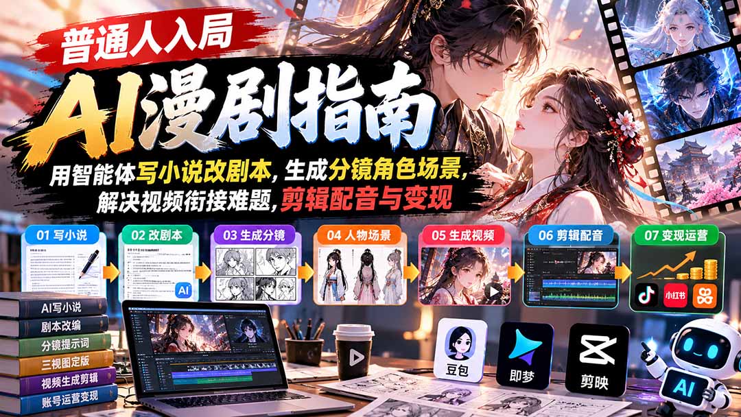 【无水印】普通人入局AI漫剧指南:用智能体写小说改剧本,生成分镜角色场景,解决视频衔接难题,剪辑配音与变现-独家科技资源网