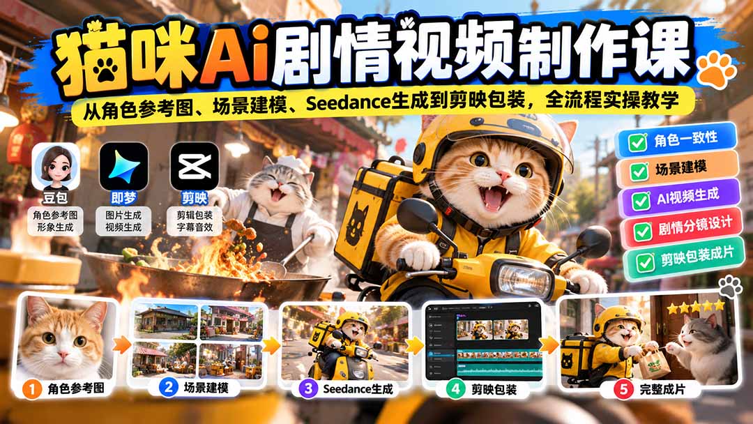 猫咪AI剧情视频制作课:从角色参考图、场景建模、Seedance生成到剪映包装,全流程实操教学-独家科技资源网