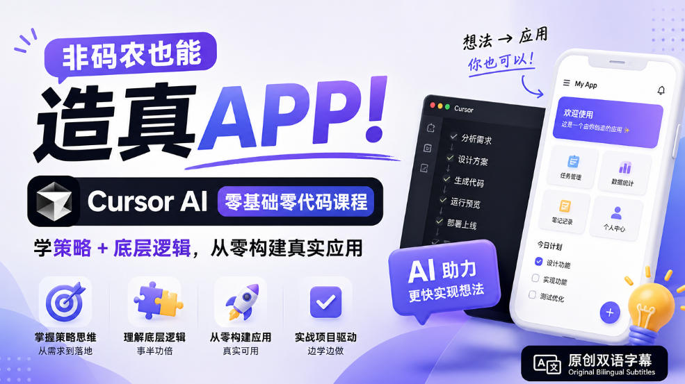 非码农也能造真APP!Cursor AI零基础零代码课程:学策略+底层逻辑,从零构建真实应用【原创双语字幕】-独家科技资源网