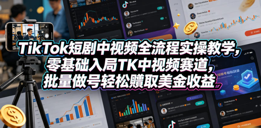 TikTok短剧中视频全流程实操教学，零基础入局TK中视频赛道，批量做号轻松賺取美金收益-独家科技资源网