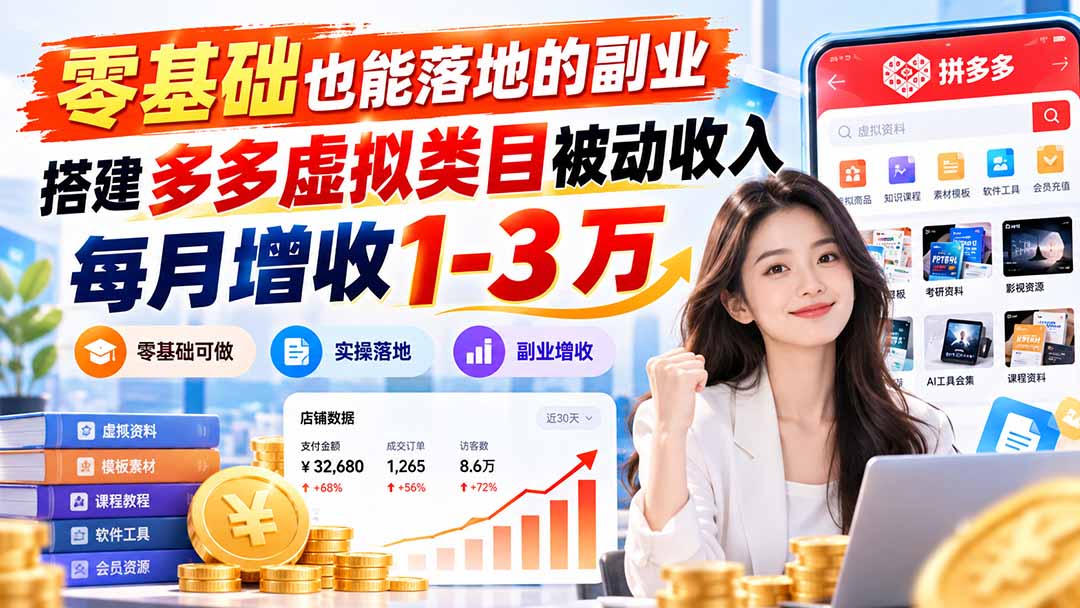 零基础也能落地的副业，搭建多多虚拟类目被动收入，每月增收 1-3 万-独家科技资源网