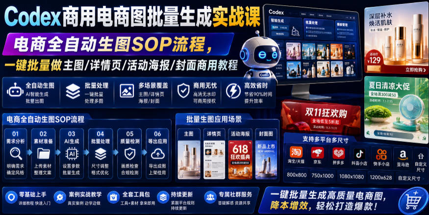 Codex商用电商图批量生成实战课｜电商全自动生图SOP流程，一键批量做主图/详情页/活动海报/封面商用教程-独家科技资源网