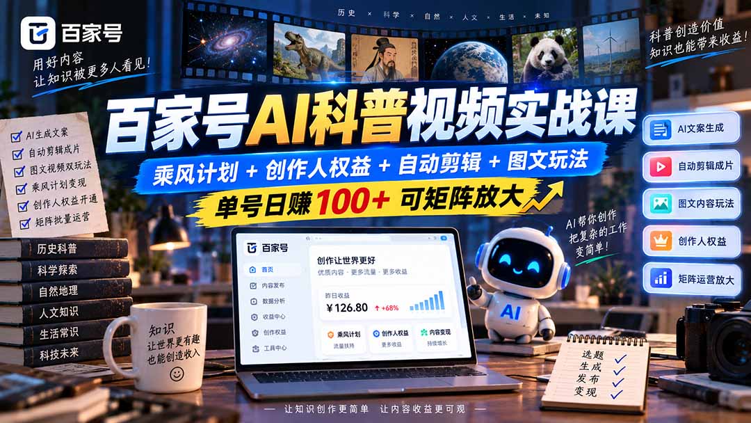 百家号AI科普视频实战课：乘风计划+创作人权益+自动剪辑+图文玩法，单号日赚100+可矩阵放大-独家科技资源网