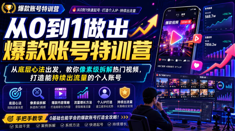 从0到1做出爆款账号特训营，从底层心法出发，教你像素级拆解热门视频，打造能持续出流量的个人账号-独家科技资源网