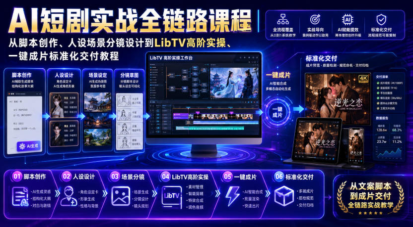 AI短剧实战全链路课程|从脚本创作、人设场景分镜设计到LibTV高阶实操、一键成片标准化交付教程-独家科技资源网