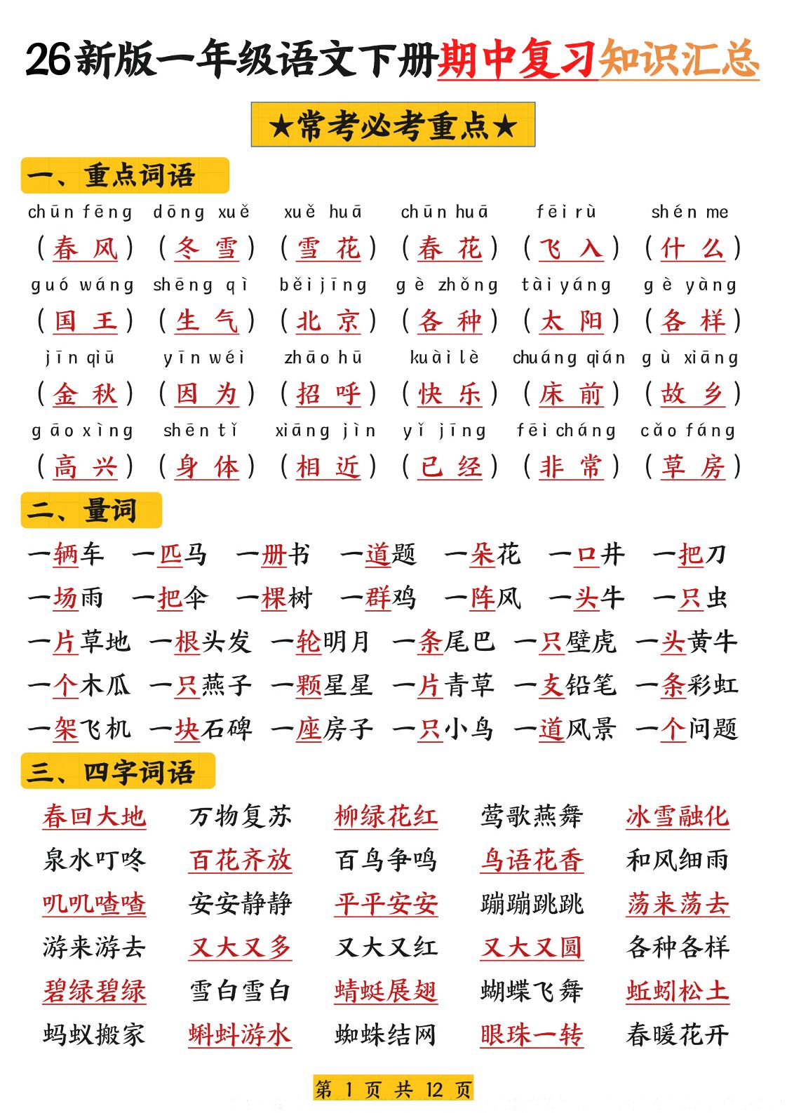 26新版一年级语文下册期中复习知识汇总-独家科技资源网