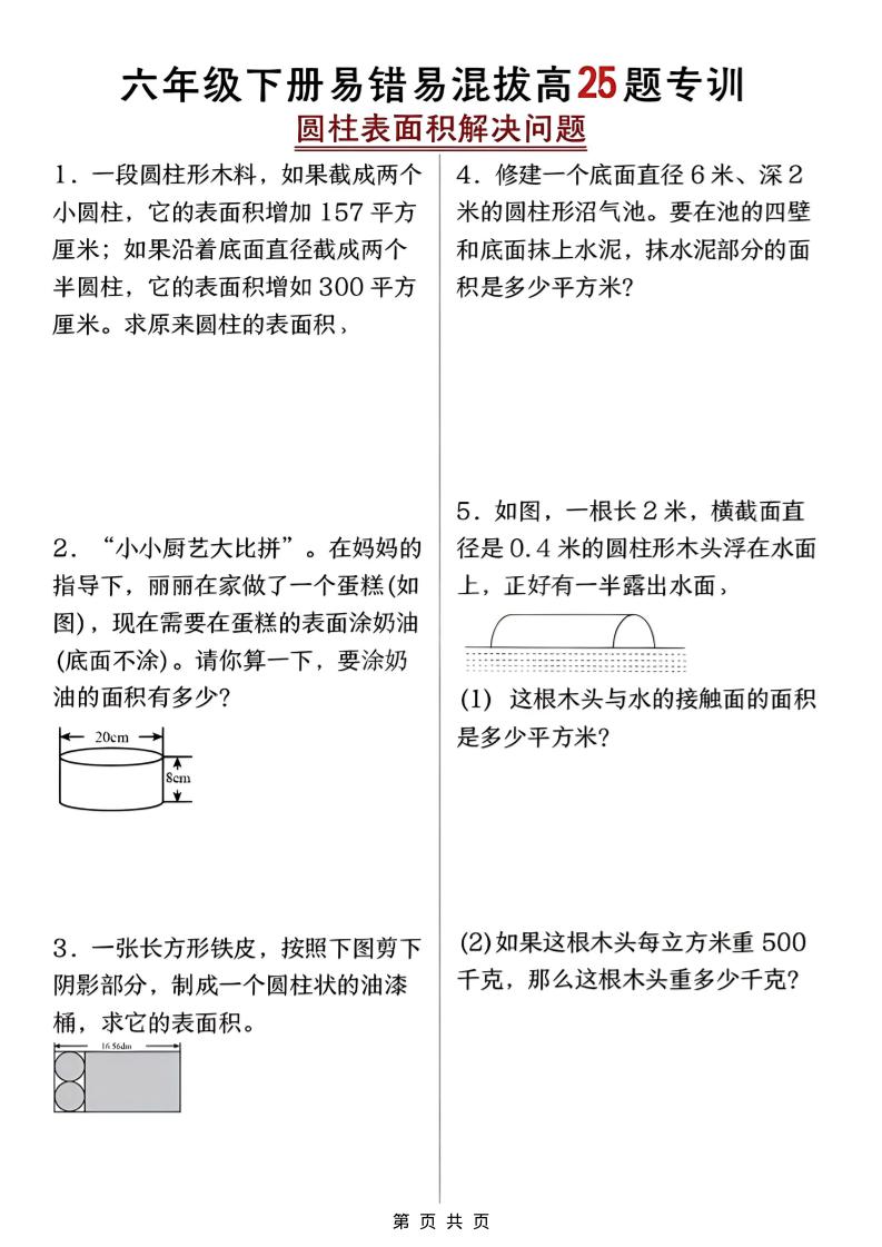 六年级下数学圆柱表面积易错题专训-独家科技资源网