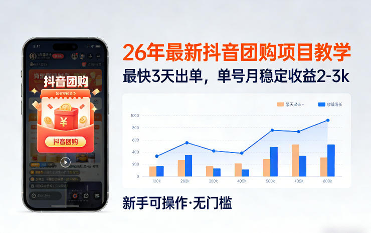 26年最新抖音团购项目教学，0门槛，最快3天出单，单号月稳定收益2-3k(更新3月11日)-独家科技资源网