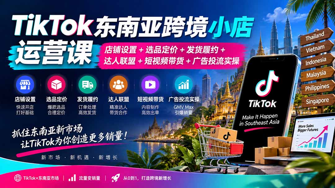 TikTok东南亚跨境小店运营课：店铺设置+选品定价+发货履约+达人联盟+短视频带货+广告投流实操-独家科技资源网
