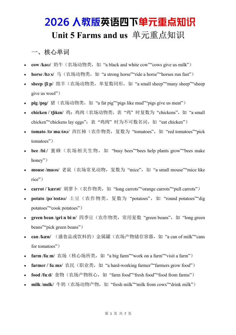 四年级下英语Unit5重点知识汇总《人教版PEP》-独家科技资源网