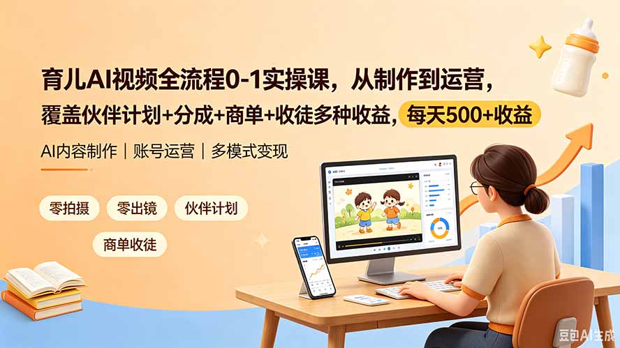 育儿AI视频全流程0-1实操课,从制作到运营,覆盖伙伴计划+分成+商单+收徒多种收益,每天500+收益-独家科技资源网