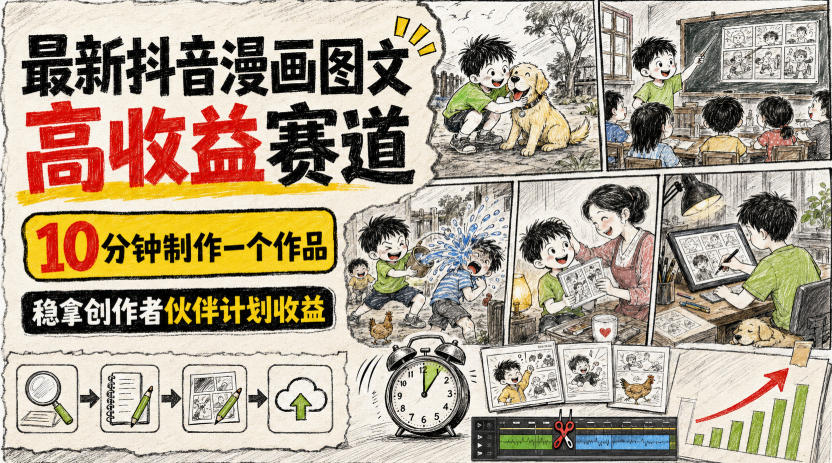 最新抖音漫画图文高收益赛道，10分钟制作一个作品，稳拿创作者伙伴计划收益-独家科技资源网