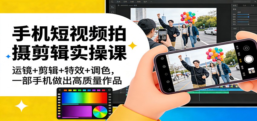 手机短视频拍摄剪辑实操课：运镜+剪辑+特效+调色，一部手机做出高质量作品-独家科技资源网