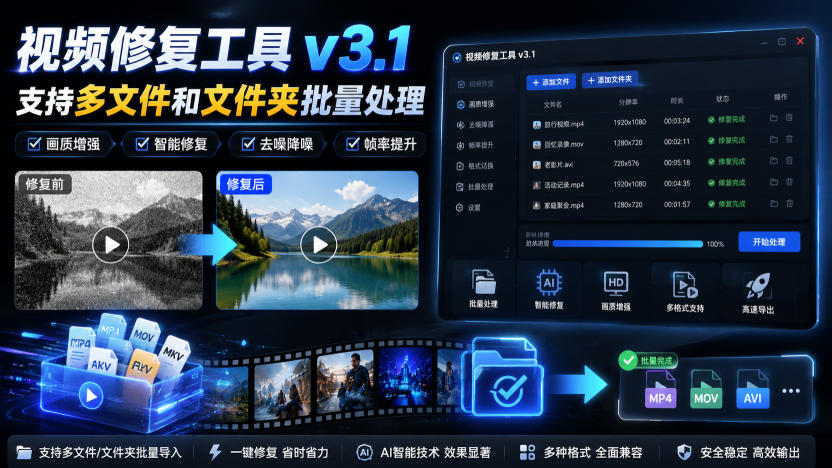 视频修复工具v3.1,支持多文件和文件夹批量处理