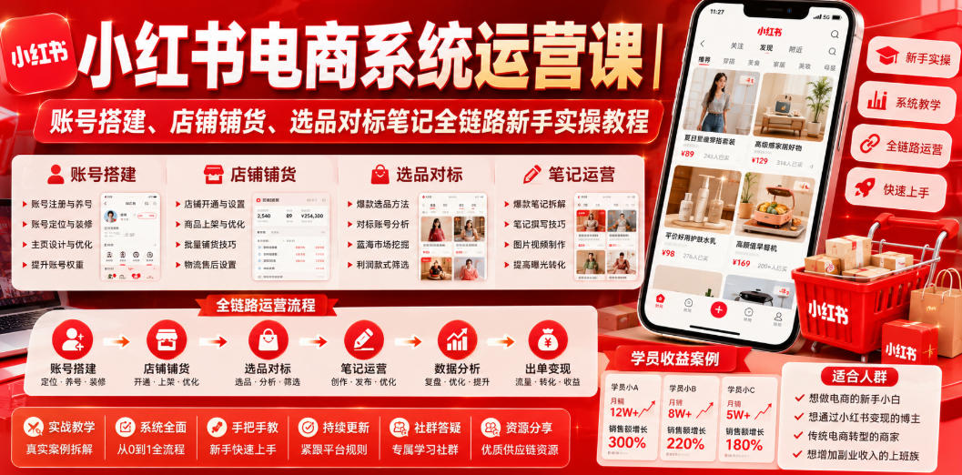 小红书电商系统运营课|账号搭建、店铺铺货、选品对标笔记全链路新手实操教程-独家科技资源网