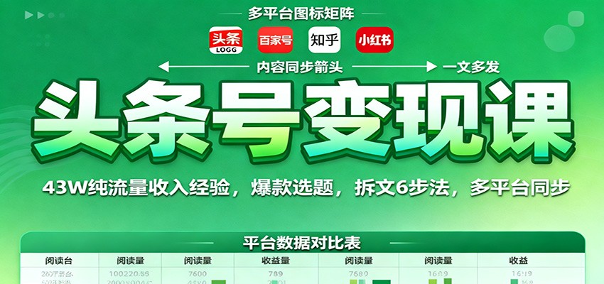 头条号变现课：43W纯流量收入经验，爆款选题，拆文6步法，多平台同步-独家科技资源网