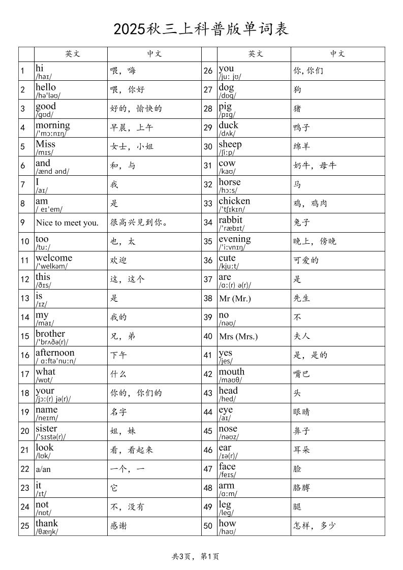 2025秋三上英语科普版单词表-独家科技资源网