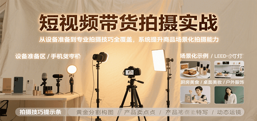 短视频带货拍摄实战，从设备准备到专业拍摄技巧全覆盖，系统提升商品场景化拍摄能力-独家科技资源网