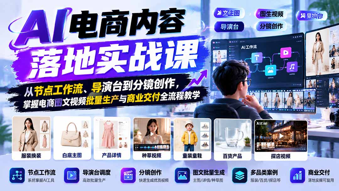 AI电商内容落地实战课:从节点工作流、导演台到分镜创作,掌握电商图文视频批量生产与商业交付全流程教学-独家科技资源网