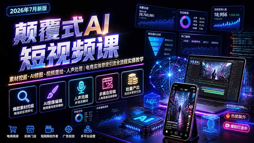 颠覆式AI短视频课-更新｜素材挖掘，AI修图，视频重绘，人声处理｜电商实体带货引流全流程实操教学-独家科技资源网