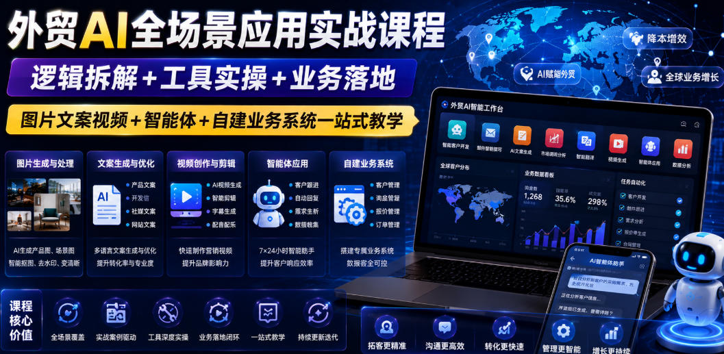 外贸AI全场景应用实战课程｜逻辑拆解+工具实操+业务落地，图片文案视频+智能体+自建业务系统一站式教学-独家科技资源网