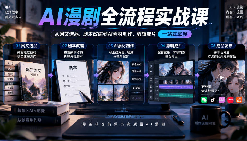 AI漫剧全流程实战课，覆盖从网文选品、剧本改编到AI素材制作、剪辑成片的完整链路-独家科技资源网