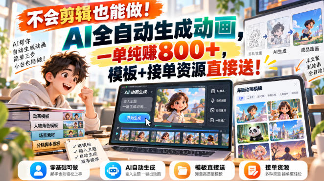 不会剪辑也能做!AI全自动生成动画,一单纯賺800+,模板+接单资源直接送!【揭秘】-独家科技资源网