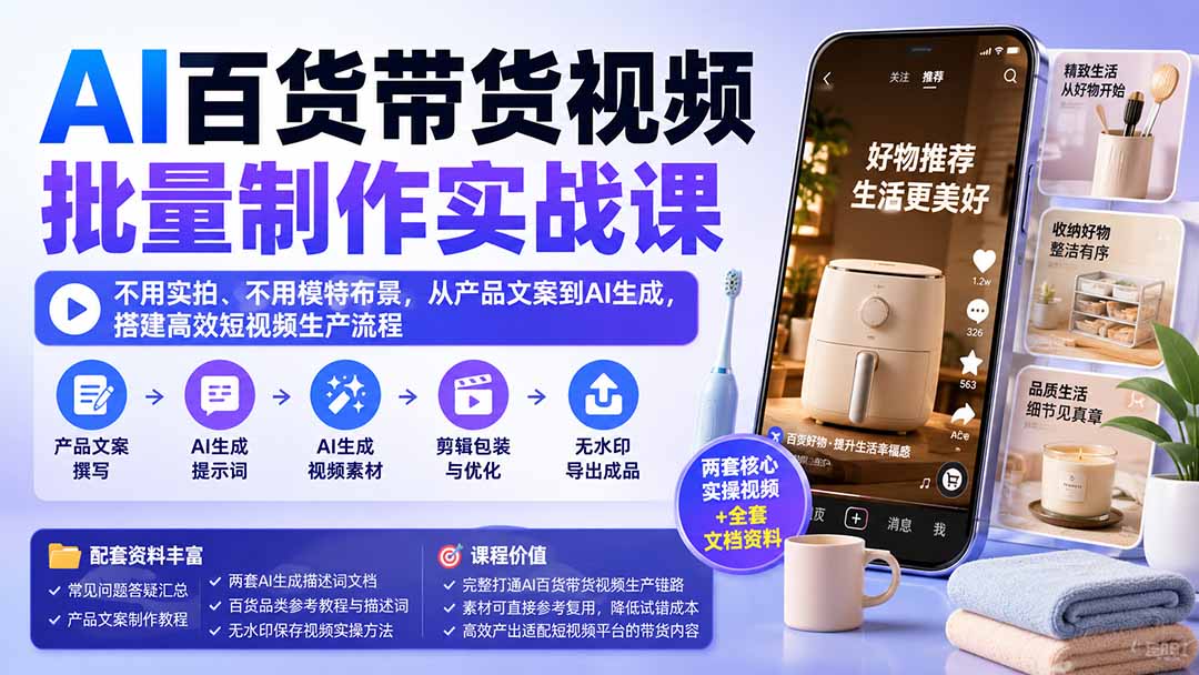 AI百货带货视频批量制作实战课：不用实拍、不用模特布景，从产品文案到AI生成，搭建高效短视频生产流程-独家科技资源网