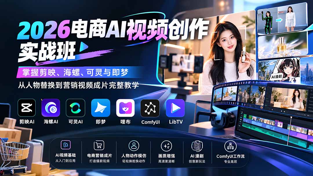 2026电商AI视频创作实战班：掌握剪映、海螺、可灵与即梦，从人物替换到营销视频成片完整教学-独家科技资源网