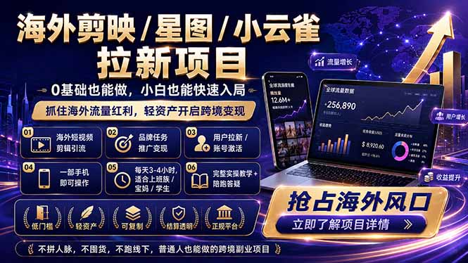 海外剪映 / 星图 / 小云雀拉新项目 普通人也能上手的跨境流量变现副业-独家科技资源网