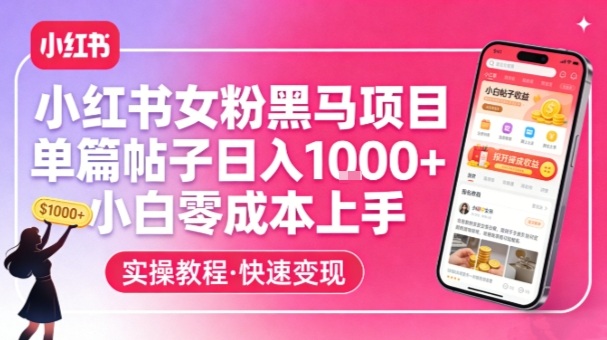 小红书女粉黑马项目，单篇帖子日入1k+，小白零成本上手-独家科技资源网