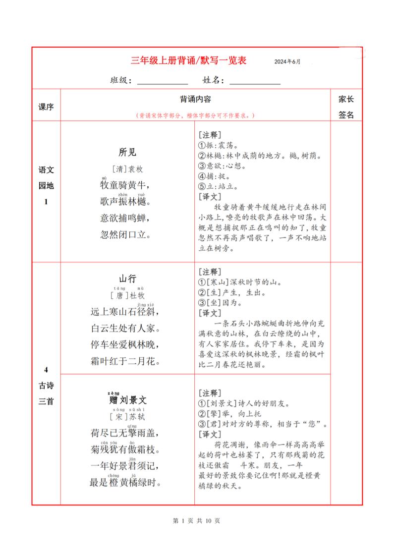 三上语文必背内容+默写表-独家科技资源网