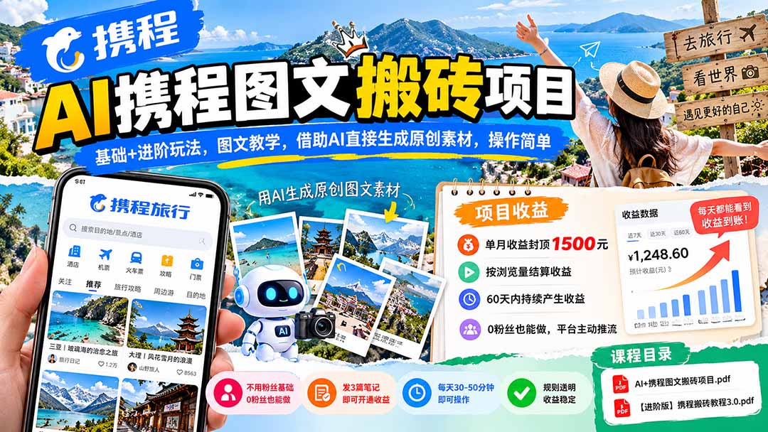 AI携程图文搬砖项目，基础+进阶玩法，图文教学，借助AI直接生成原创素材，操作简单-独家科技资源网