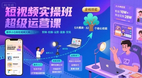 短视频实操班超级运营课，新手小白到短视频大神必修课程，剪辑-拍摄-运营-直播-变现-独家科技资源网